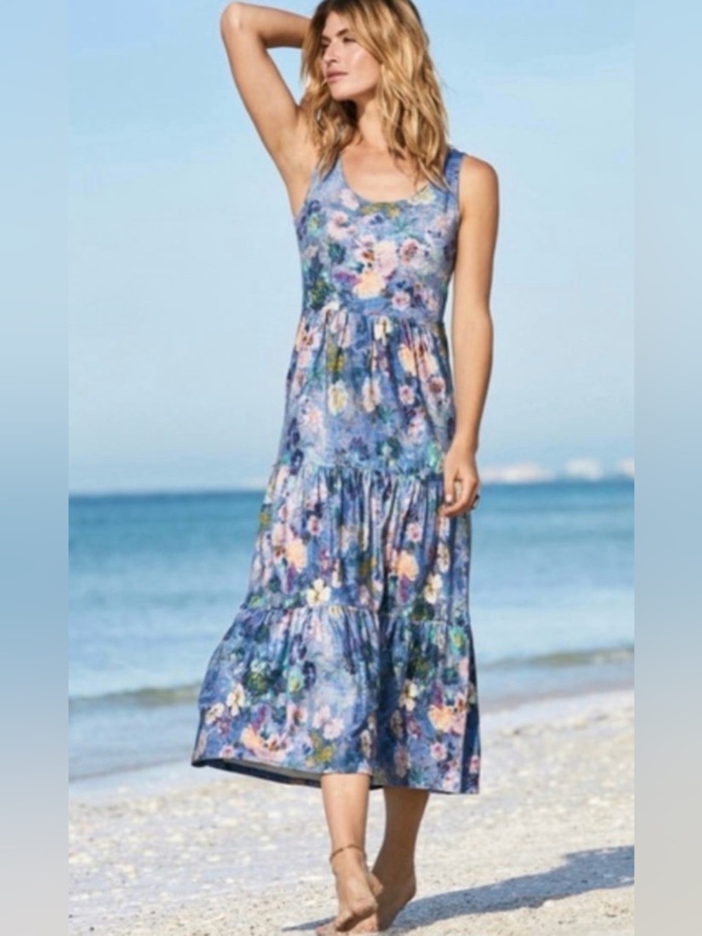 Peruvian Connection Blue Floral Tiered Maxi Dress